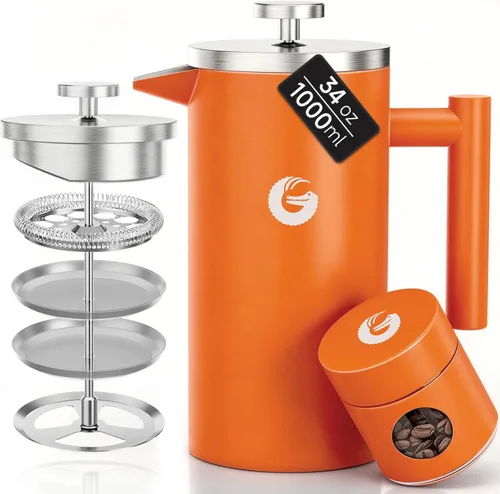 Vista 13 de Coffee Gator - Cafetera de prensa francesa de acero inoxidable 304 de 34 oz, tetera para té y café de doble pared aislada con sistema de filtración