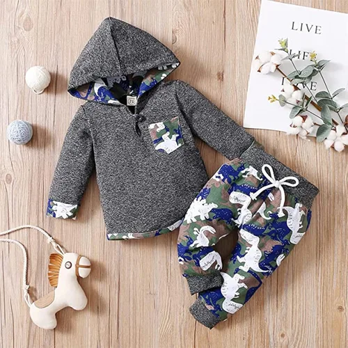 Vista 2 de FOCICI Ropa de bebé para niños pequeños trajes de primavera e invierno sudadera con capucha con bolsillo pantalones de dinosaurio