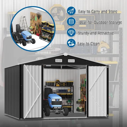 Vista 6 de Cobertizo de almacenamiento de metal negro de 10 x 10 pies, cobertizo de herramientas duradero para exteriores con construcción de acero resistente