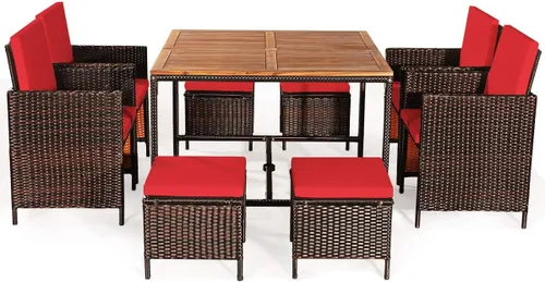 Vista 10 de HAPPYGRILL Juego de 9 piezas de comedor para patio al aire libre con asientos acolchados, mesa de comedor que ahorra espacio con mesa de madera