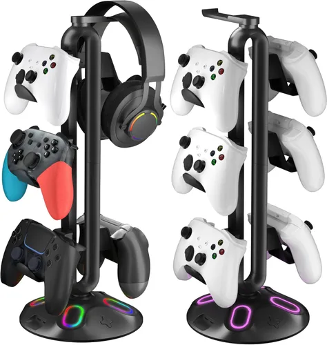Gaming RGB Headphone Stand, Controller Holder with 9 Light Modes and 2 USB Charging Ports and 3.5mm & Type-C - Controller Stand Hanger Accessories