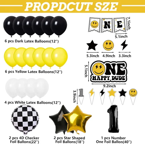 Vista 2 de Whaline 48 globos a cuadros con globos de número uno, guirnalda de globos de número uno, decoración de pasteles para cara sonriente, suministros