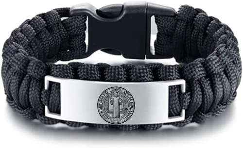 Pulsera cristiana de San Benito para hombre, de acero inoxidable, cuerda de paracaídas, pulseras de supervivencia religiosas de San Benito,