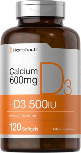 Horbäach Suplemento de calcio con vitamina D3 | 600 mg | 120 cápsulas blandas | Sin OMG y sin gluten | para hombres y mujeres