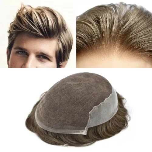 Vista 27 de Peluca tipo tupé para hombre, sistema de reemplazo de cabello humano europeo indetectable, encaje francés, nudos blanqueados, línea capilar natural