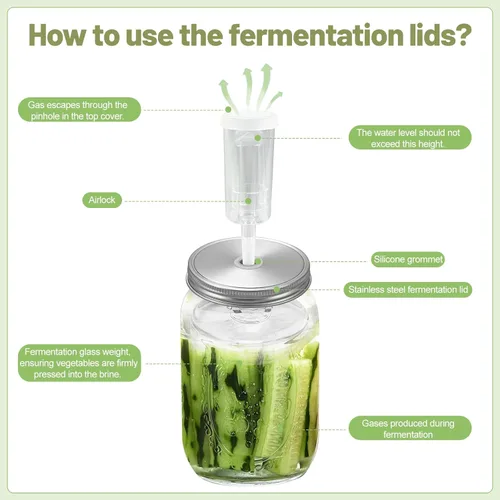 Vista 4 de Kit de fermentación para tarros de boca ancha - 4 tapas de fermentación de acero inoxidable, 4 pesas de fermentación de vidrio, 1 pinza de silicona