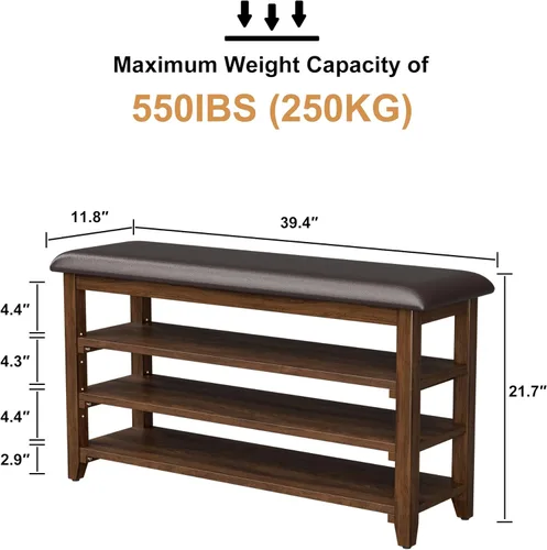 Vista 41 de Banco de zapatos con cojín de cuero, banco de entrada de madera maciza rústica con 2 estantes ajustables en altura y extraíbles para pasillo, sala