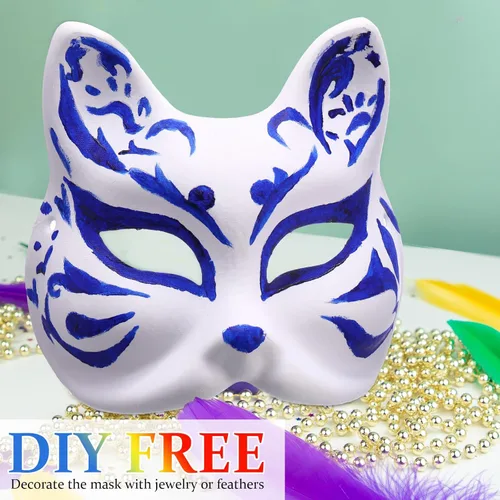 Vista 4 de Libima 50 máscaras de papel maché para bricolaje, máscara en blanco de gato y zorro con banda elástica, animal blanco pintable para fiestas