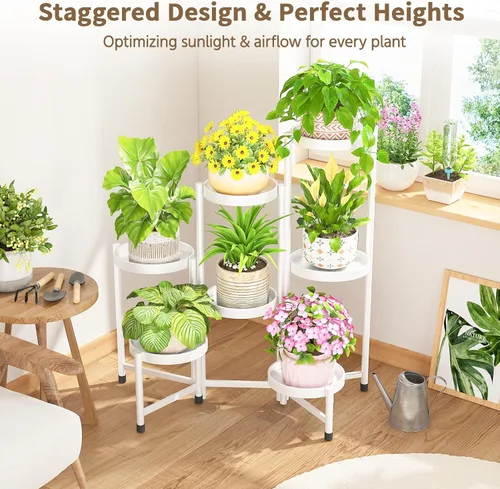 Vista 7 de LASZOLA Soporte para plantas de 7 niveles plegable alto para interior con múltiples macetas grandes, estante de flores ajustable de metal resistente