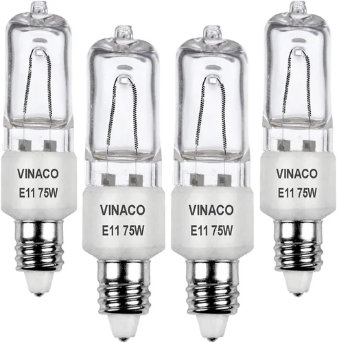 VINACO Bombilla E11, bombillas halógenas JDE11 de 120 V 75 W, base de mini candelabro T4, alto rendimiento 1150 lm, blanco cálido 2700 K, regulable,