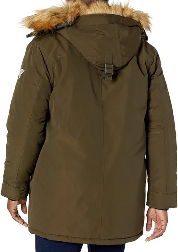 Vista 2 de GUESS Chaqueta parka pesada con capucha para hombre con ribete de piel sintética extraíble