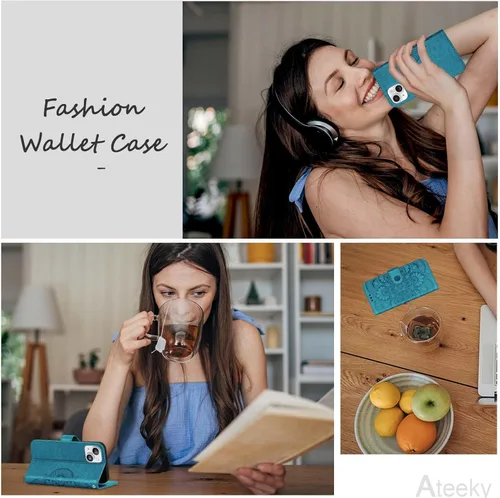 Vista 7 de Funda tipo cartera para iPhone 13 Mini, [bloqueo RFID] Funda protectora de piel sintética con ranura para tarjetas y bolsillo para efectivo para Azul