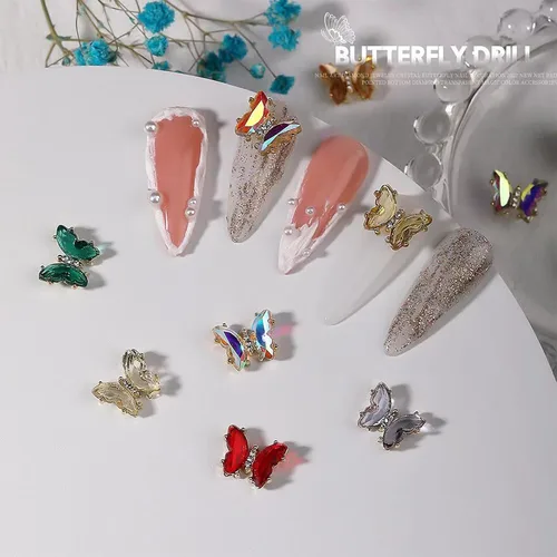 Vista 4 de Dijes para uñas de mariposa 3D, 24 piezas de diamantes de imitación para uñas acrílicas, arte AB de vidrio, gemas de metal con purpurina, accesorios
