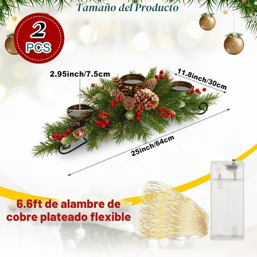 Vista 3 de 4 piezas de centro de mesa navideño con 3 portavelas navideños, luces LED de cadena tipo hadas, a pilas, bayas rojas artificiales, piñas para cocina