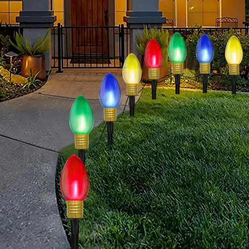 Vista 21 de Luces LED C9 para caminos de Navidad al aire libre, 38 pies, 25 bombillas LED C9 multicolor, luces de estacas de camino de Navidad, luces