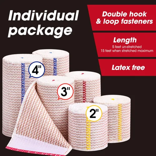 Vista 2 de YesBes Paquete de 6 Vendas Elásticas Premium (2x2, 2x3, 2x4), Venda de Compresión, Vendas para Linfedema para Piernas, Tobillo, Rodilla, Abdomen