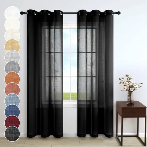 Vista 28 de Cortinas traslúcidas negras de 63 pulgadas de largo para decoración de dormitorio de niños, 2 paneles con ojales, cortinas de aspecto de lino