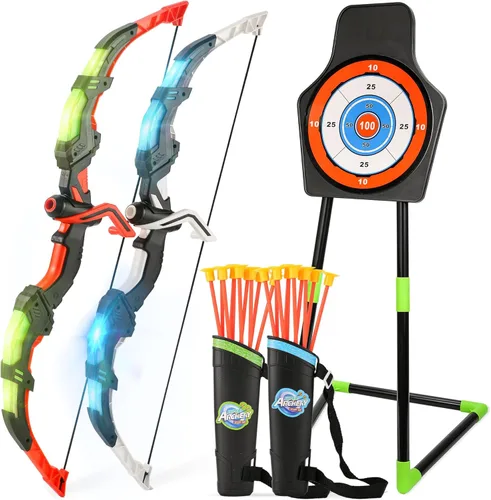 Vista 11 de Juego de juguetes de tiro con arco para niños, juego de arco y flecha con luz LED con 10 flechas de ventosa, objetivo de pie y carcaj