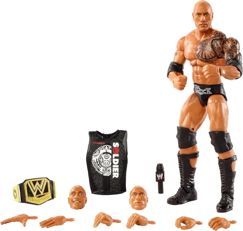 WWE Ultimate Edition The Rock Figura de acción con cabezas intercambiables, manos intercambiables y campeonato WWE para edades de 8 años en adelante