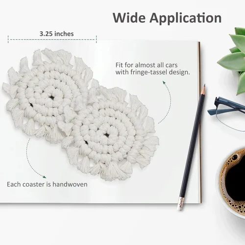 Vista 3 de Portavasos para automóvil, paquete de 2, posavasos de algodón para portavasos de automóvil, soporte de macramé bohemio, accesorios para interiores