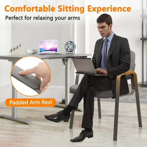 Vista 7 de CLATINA Juego de 6 sillas de cuero para oficina, sala de espera, sillas de recepción, sin ruedas, con reposabrazos y soporte de madera, sillón