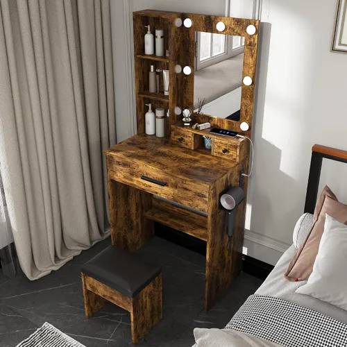 Vista 3 de Dressing table with mirror and adjustable LED light, built-in power socket, with 1 large drawer, 2 compact drawers, built-in power socket hairdryer