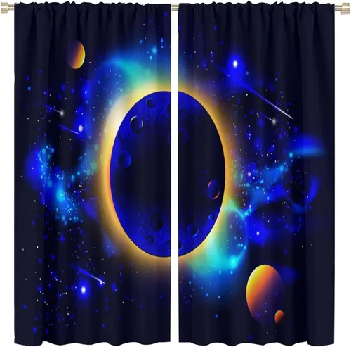 Vista 22 de Cortinas opacas de espacio exterior negro y blanco para dormitorio de niños, cortinas de ventana de planeta cósmico de dibujos animados, diseño