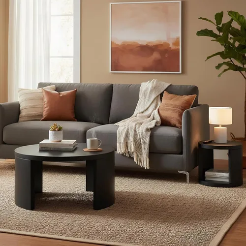 Vista 5 de Juego de 2 mesas auxiliares redondas, mesas auxiliares anidables con almacenamiento, juego de mesa de sala de estar, mesa central de madera moderna