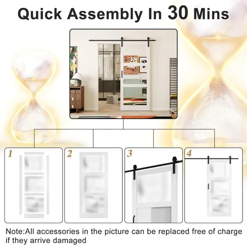 Vista 5 de Puerta corrediza de granero con espejo de 3 paneles, puerta de granero de 42 x 84 pulgadas, kit de herramientas incluido, requiere montaje