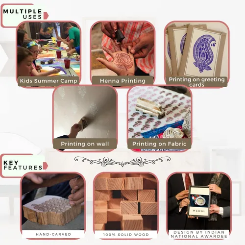 Vista 5 de HASHCART® Sellos de madera de tela, bloques de impresión de patrón de borde creativo, juego de 5, sellos de tinta, bloques de madera