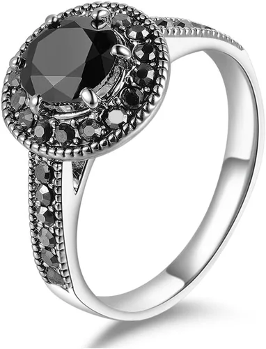 Vintage Marcasite Cubic Zirconia Band Ring for Women Black Cocktail Rings Round Cut Black Onyx Ring