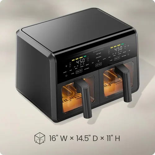 Vista 10 de Chefman Horno freidora de aire doble con motor de CC, freidora de aire de doble cesta de 9 cuartos de galón con temperatura máxima de 450 °F