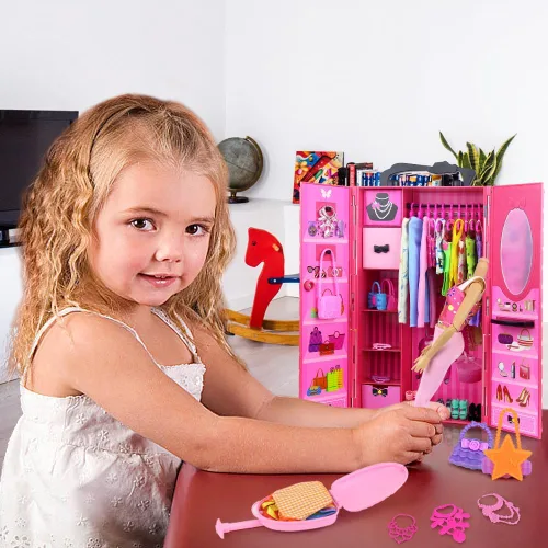 Vista 3 de Ecore Fun Armario de Guardarropa de Muñeca de Moda para Almacenamiento de Ropa y Accesorios de Muñecas - Lote de 102 Artículos que Incluyen Ropa