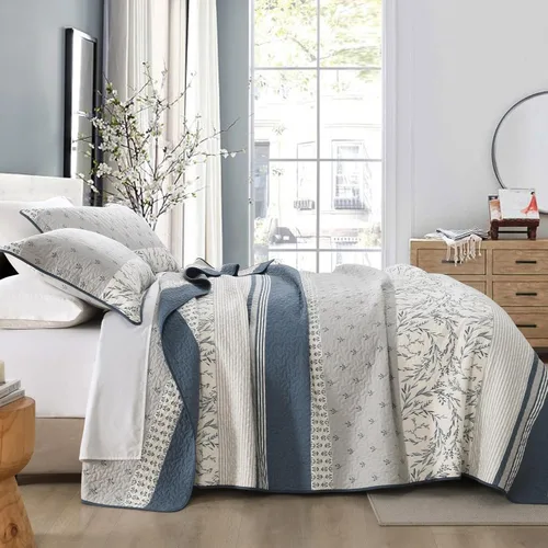 Vista 9 de DDUOXIN Edredón 100% algodón, tamaño Queen, moderno edredón botánico a rayas con 2 fundas de almohada, colcha juego de ropa de cama reversible