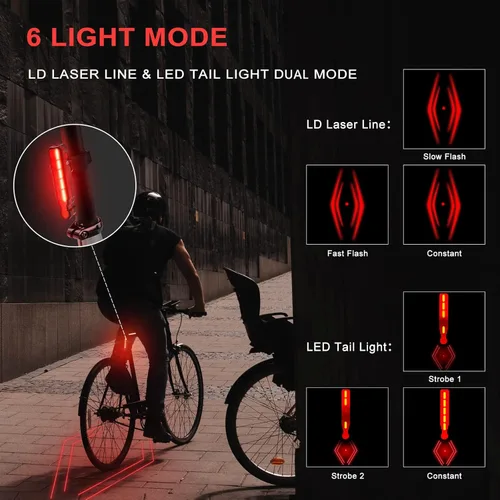 Vista 3 de Luz láser de bicicleta súper brillante recargable por USB, luz trasera y delantera para bicicleta, 5 LED, 6 modos, impermeable, luz de bicicleta