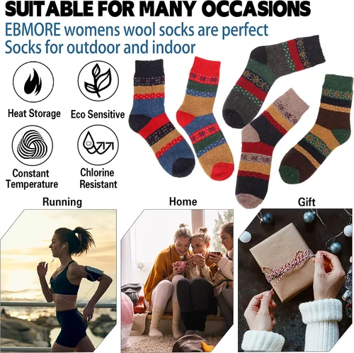 Vista 5 de EBMORE - 5 pares de calcetines térmicos de lana merino para mujer, para el invierno, cálidos, gruesos, para senderismo, cómodos, cálidos