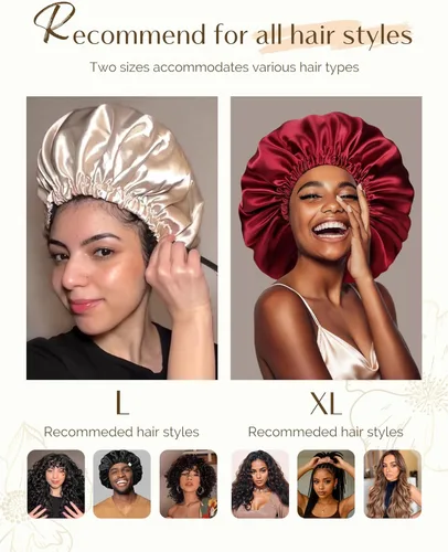 Vista 4 de YANIBEST Gorro de Seda de Satén para Dormir para Mujeres y Hombres, Gorro de Cabello Ajustable de Doble Capa para Rizos y Trenzas para Reducir