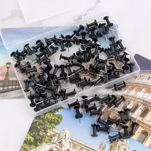 Vista 2 de Yalis Pines de empuje de 100 unidades de tachuelas negras estándar de punta de acero y cabeza de plástico