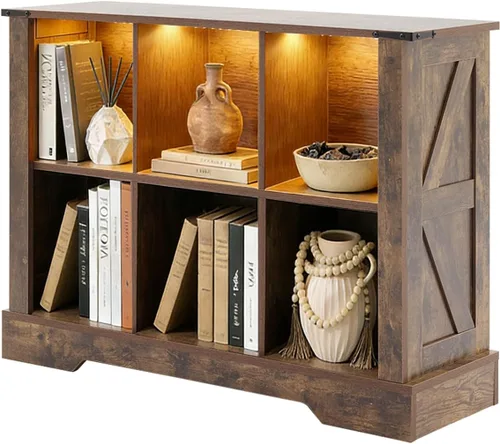 Organizador de Almacenamiento de 6 Cubos, Estantería de Cubos de Madera con Luces LED, Cubos de Almacenamiento Horizontales, Estantería para Niños,