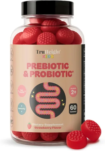 TruHeight Gomitas prebióticas y probióticas para niños a partir de 2 años (sabor a fresa) para niños pequeños y niños, salud intestinal natural,