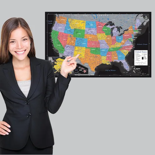 Vista 4 de Póster laminado de mapa de Estados Unidos, gráfico de pared de mapa de EE. UU., fabricado en los Estados Unidos [negro]