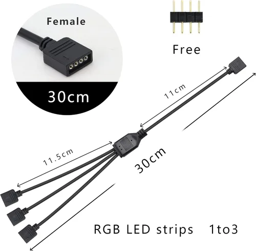 Vista 4 de GELRHONR Divisor RGB de 12 V, cable de 4 pines a 3, conector de tira LED para luz de cinta LED 5050, extensión de la placa base del ventilador