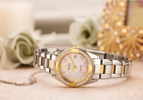 Vista 5 de Citizen Eco-Drive - Reloj clásico de cuarzo para mujer, acero inoxidable, diamante, dos tonos (Modelo EW1824-57D), Bitono, Case diameter-dimension