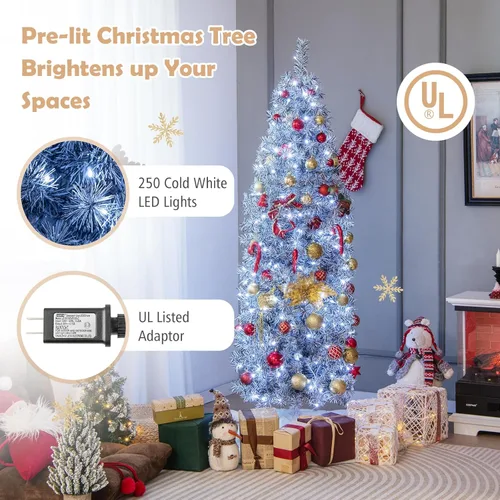 Vista 6 de HAPPYGRILL Árbol de Navidad artificial preiluminado de 6 pies, árbol de Navidad con bisagras con 475 puntas de rama, 250 luces LED blancas frías