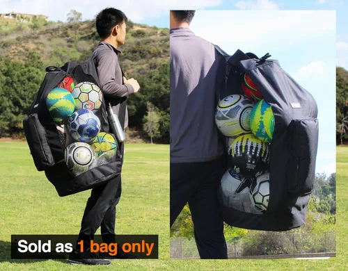 Vista 2 de Bolsa de equipo de fútbol de malla resistente XL de Fitdom con diseño de correa de hombro ajustable para entrenador. Con un bolsillo frontal extra