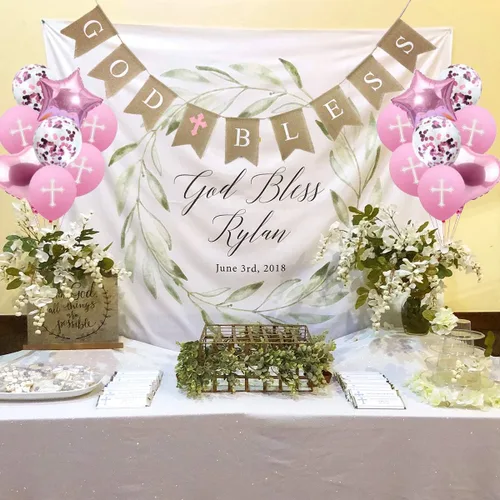 Vista 2 de Banner de bautismo con texto en inglés «God Bles», decoraciones de bautismo para niña, globos de confirmación, globos de primera comunión, globos