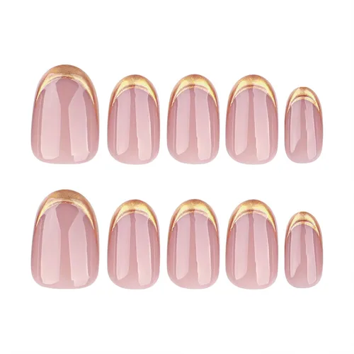 Vista 5 de Uñas postizas ovaladas cortas a presión, uñas doradas, uñas adhesivas brillantes, uñas acrílicas nude, con diseños de punta francesa 3D, uñas