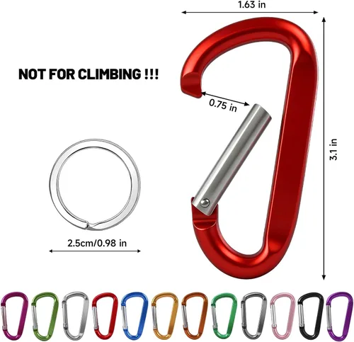 Vista 2 de 12 clips de mosquetón para llavero, clip de aluminio de 3 pulgadas, hebilla de gancho de mosquetón sin bloqueo en forma de anillo D, herramienta