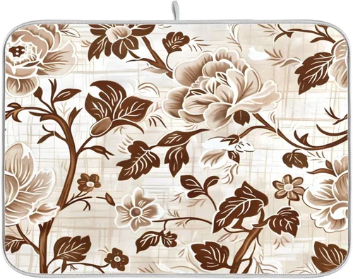 Vista 31 de Alfombrilla de secado de platos con flores botánicas y mariposas para encimera de cocina, absorbente, almohadilla de secado de microfibra, mediana