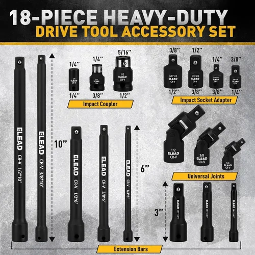 Vista 2 de Juego de extensión de enchufe de impacto de 18 piezas: barra de extensión de enchufe de accionamiento de 1/4", 3/8" y 1/2", juego de adaptadores